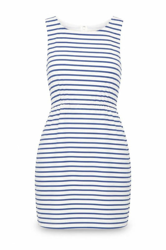 Front view of J.Crew Women's Blue Striped Silk Sheath Dress, size 6