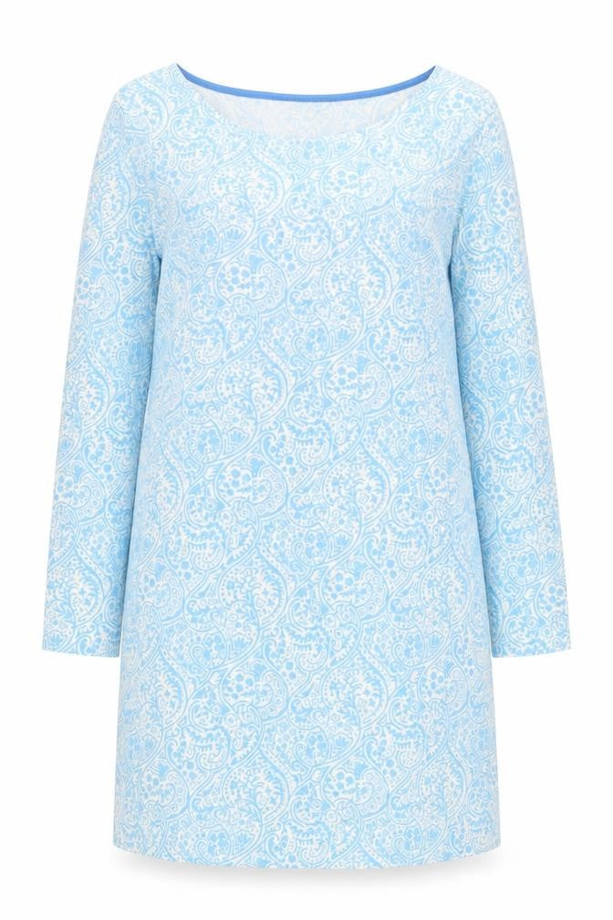 Front view of Boden women’s blue paisley knee length shift dress
