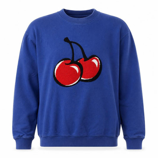 Front view of Kirsh unisex blue pullover sweatshirt m, graphic cherry design