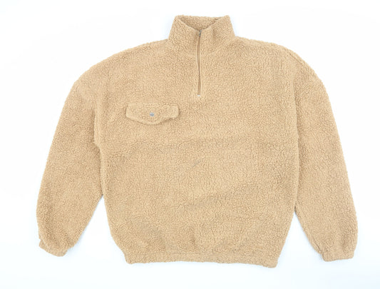 Boohoo Women's Beige Fleece Jacket M Casual 1/2 Zip