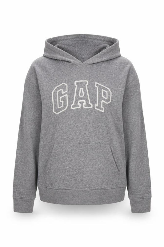 Front view of Gap unisex grey logo pullover hoodie, size M