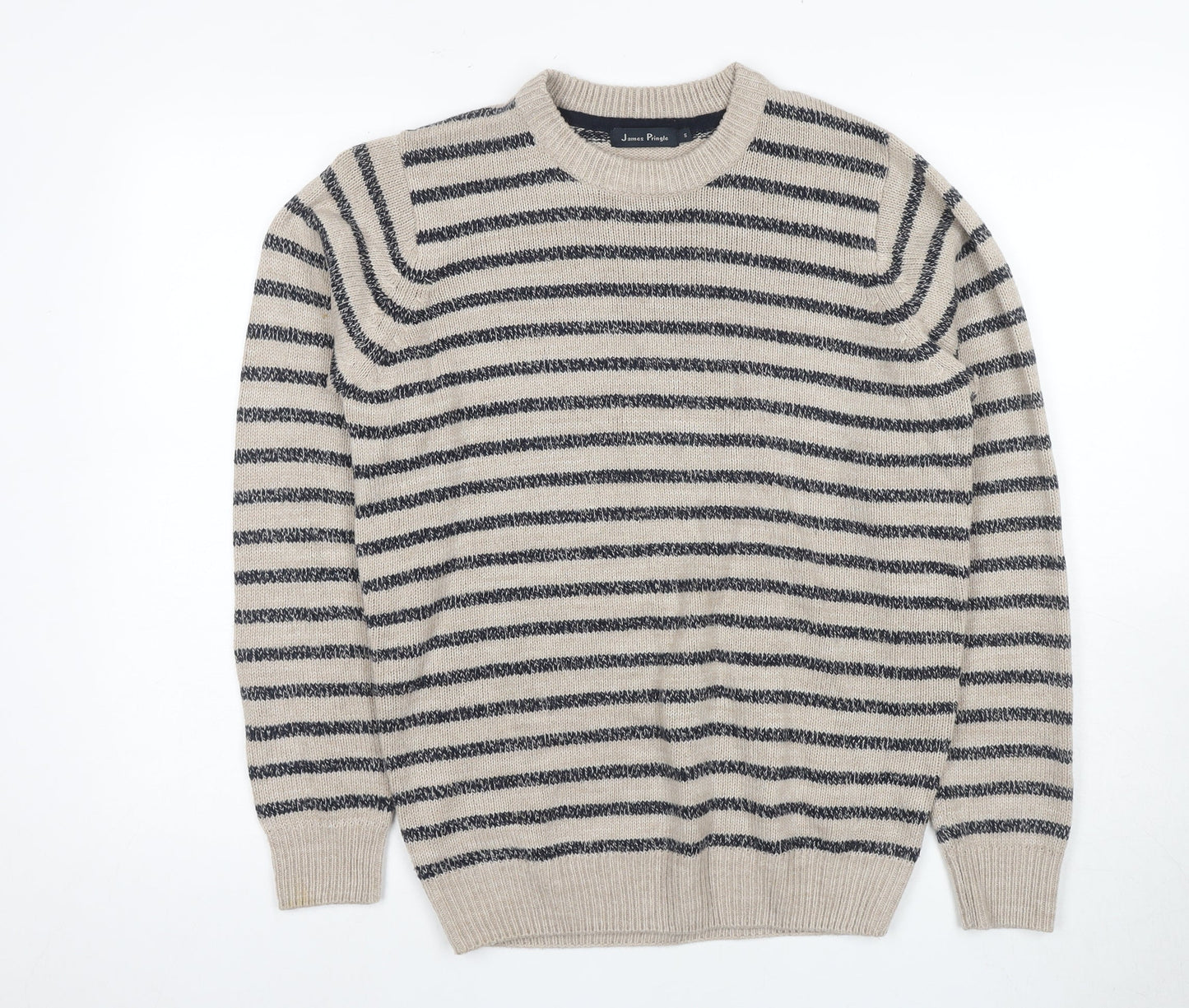 James Pringle Men's Beige & Black Striped Pullover Jumper Size S