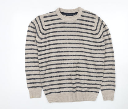 James Pringle Men's Beige & Black Striped Pullover Jumper Size S