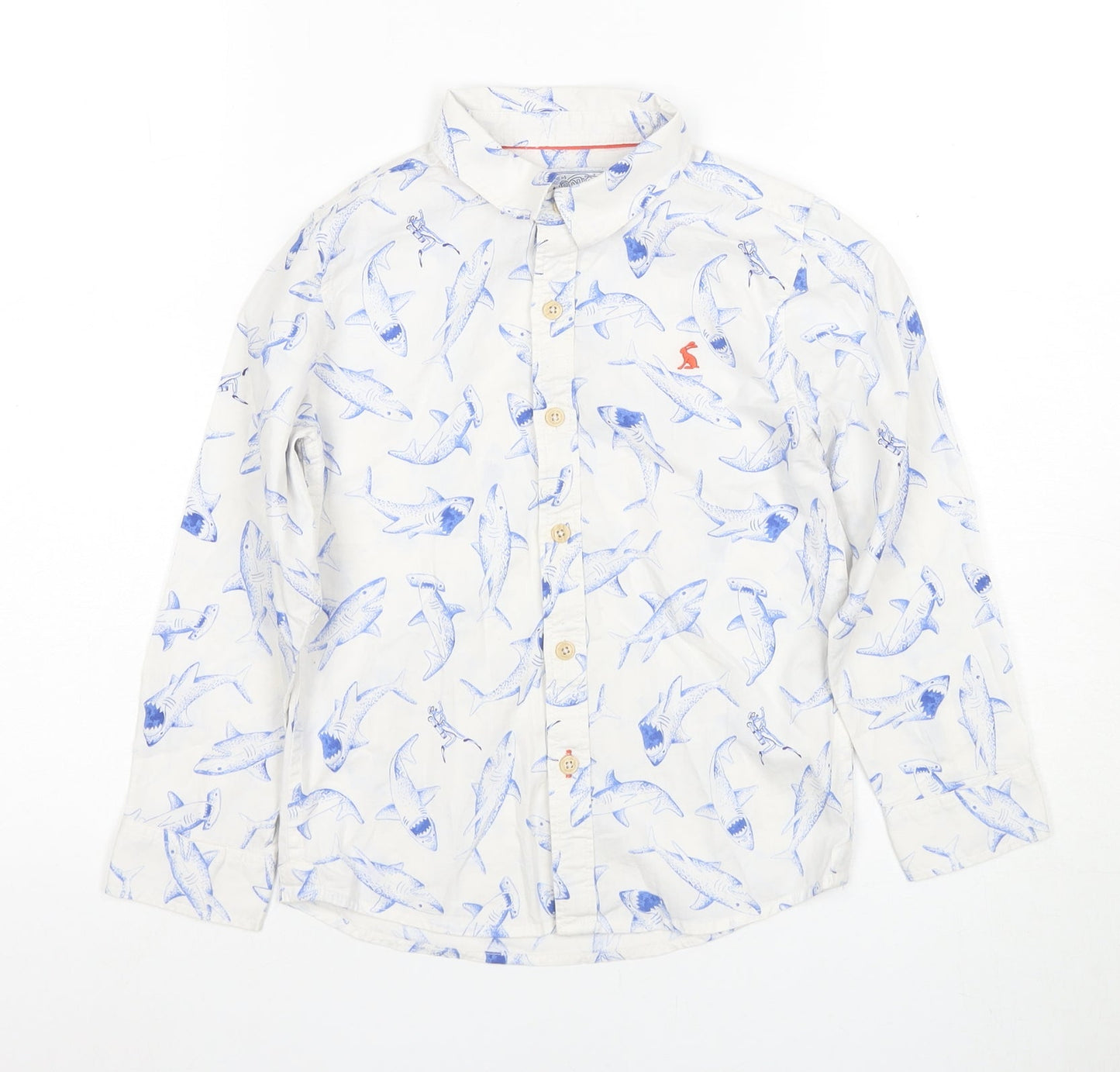 Sunspel Boys White Shark Print Button-Up Shirt, 7 Years