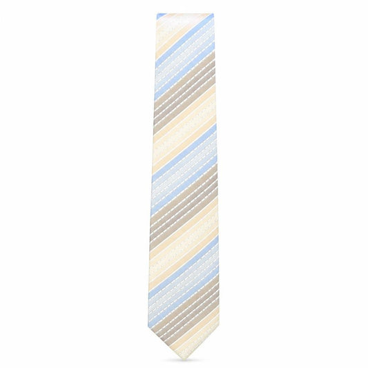 Front view of Thomas Nash Men's Silk Striped Tie in Beige and Blue
