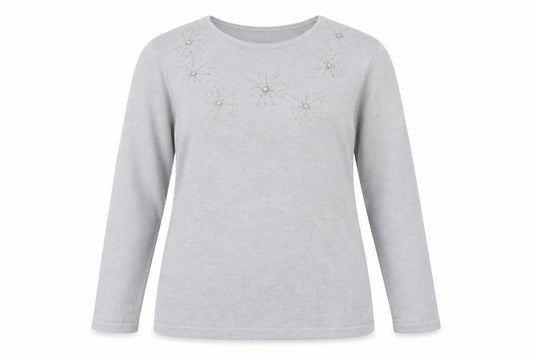 Front view of Honor Millburn Women's Grey Beaded jumper L