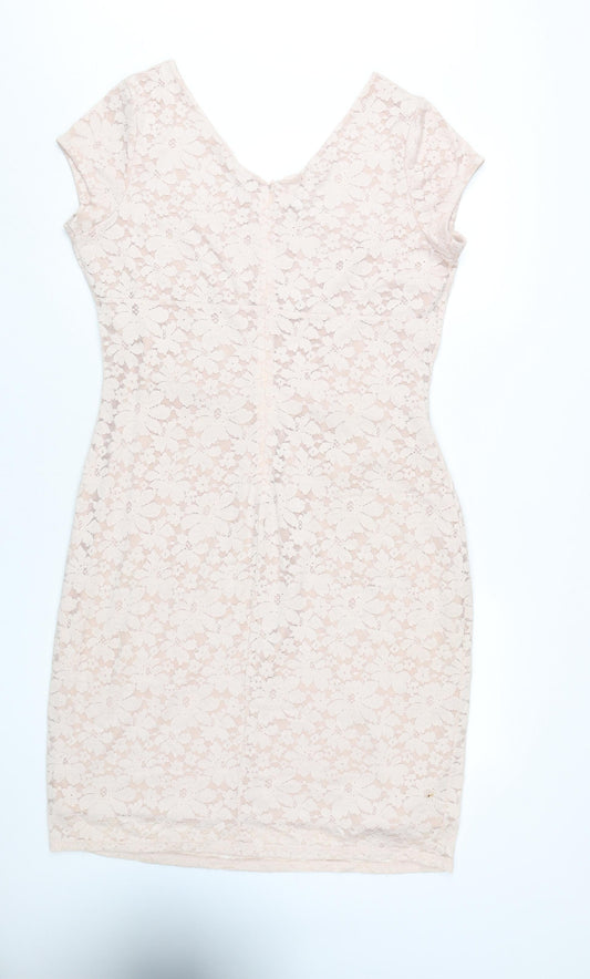 Laura Ashley Women's Beige Lace V-Neck Cap Sleeve Sheath Dress