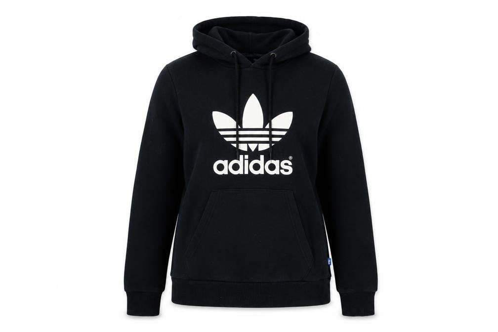 Front view of Adidas unisex black hoodie, size 10, pullover graphic