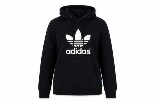 Front view of Adidas unisex black hoodie, size 10, pullover graphic