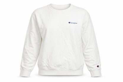 Front view of Champion unisex white pullover sweatshirt m
