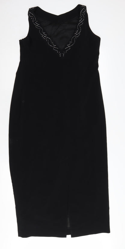 Roman Originals Black Sheath Dress - Elegant V-Neck, Party Size 14
