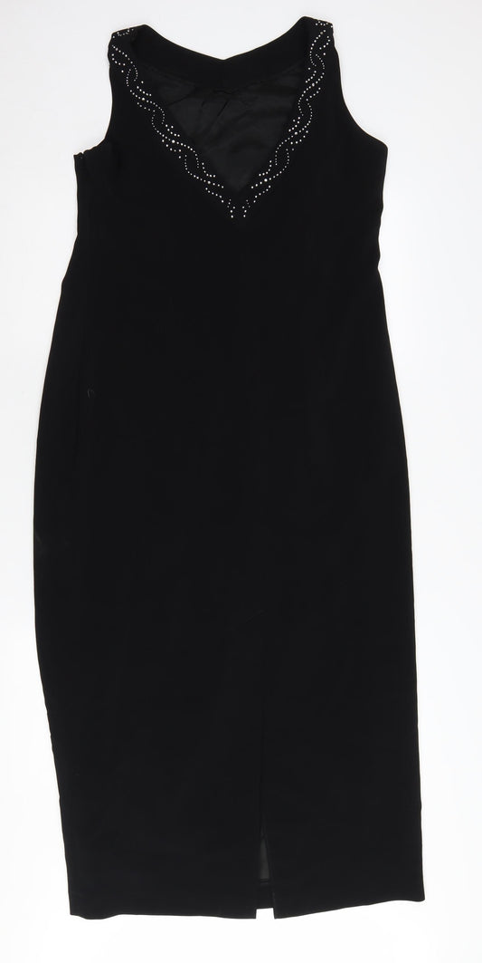 Roman Originals Black Sheath Dress - Elegant V-Neck, Party Size 14