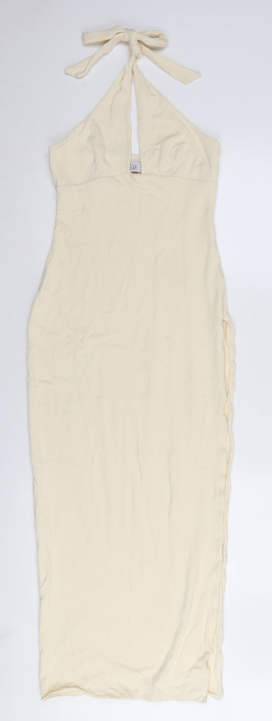 Oh Polly Ivory Long Halter Bodycon Dress, Size 10