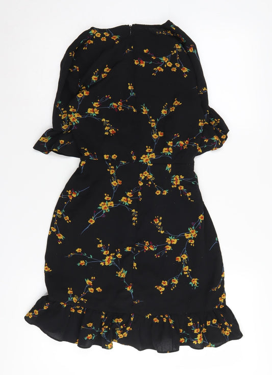 PrettyLittleThing Women's Black Floral Wrap Dress Size 8