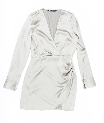 Zara Women's Grey Satin Wrap Dress, Size S, Elegant Style