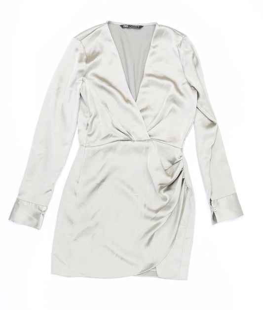 Zara Women's Grey Satin Wrap Dress, Size S, Elegant Style