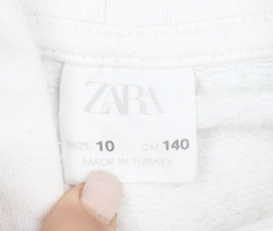 Zara Girls White Pullover Hoodie - Size 10 Years, Graphic Print
