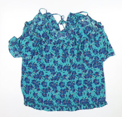 AND/OR Women's Blue Floral Cold Shoulder Blouse Size 10