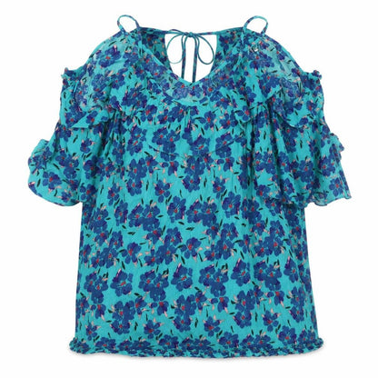 AND/OR Women's Blue Floral Cold Shoulder Blouse Size 10