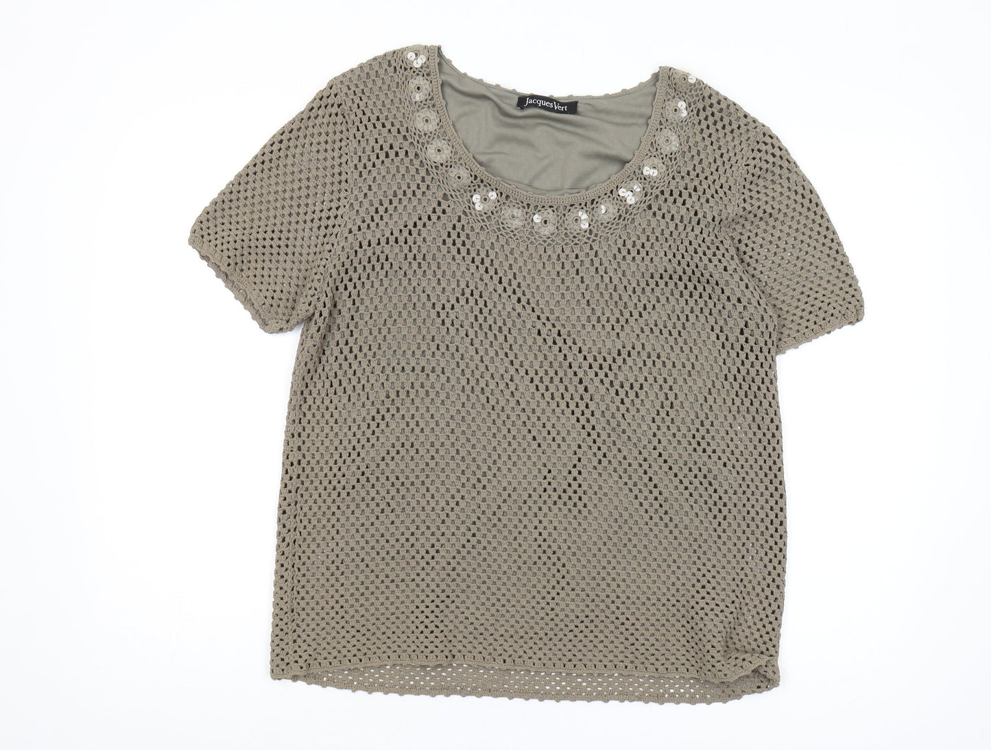 Jacques Vert Women's Beige Blouse L Short Sleeve Sequin