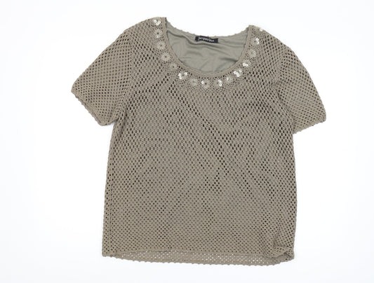 Jacques Vert Women's Beige Blouse L Short Sleeve Sequin