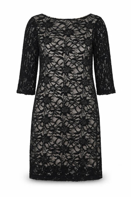 Front view of Evie Women's Black Lace Knee-Length Sheath Dress