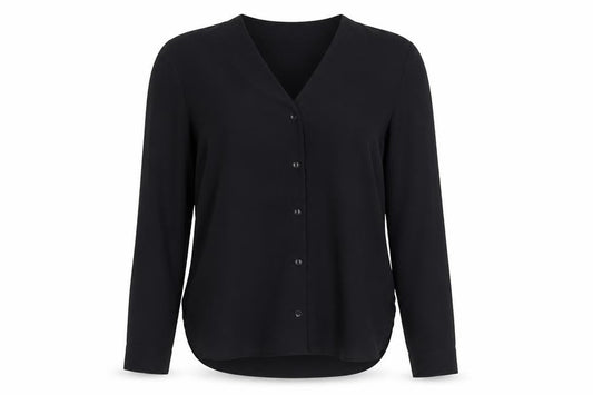 Front view of ASOS Women's Black V-Neck Blouse, size 6, Long Sleeve
