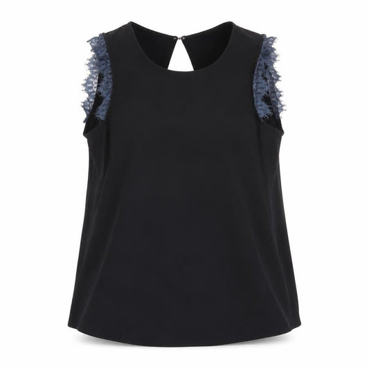 Front view of ICHI Women's Black Lace Accent Sleeveless Blouse XS
