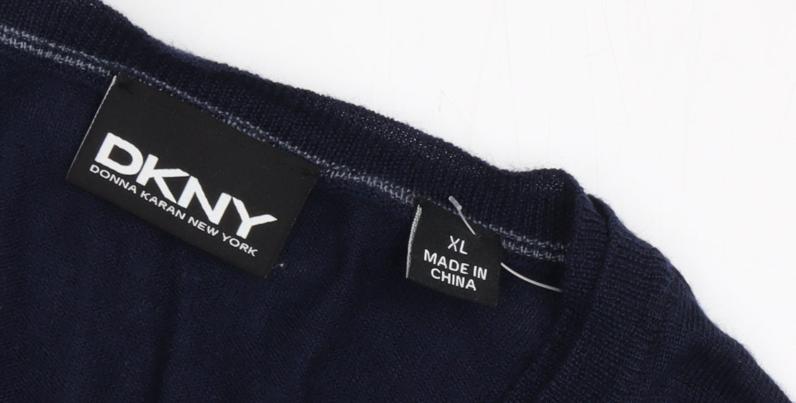 DKNY Men's Blue XL Merino Wool V-Neck Pullover Jumper