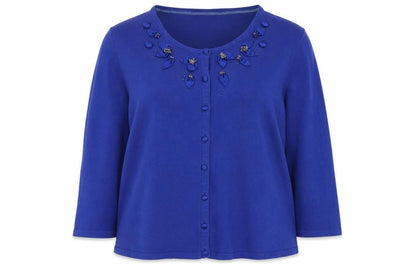 Country Casuals Women's Blue Petite Beaded Cardigan L