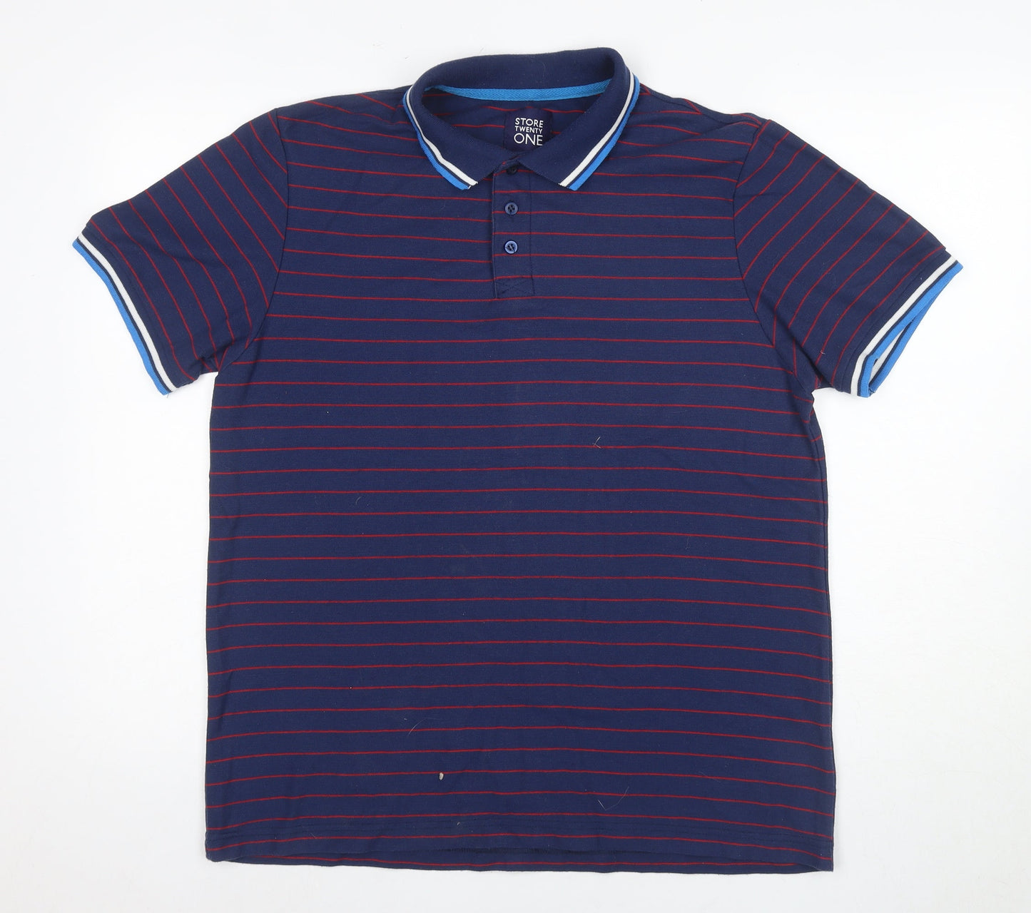 Store Twenty One Men's Blue Striped Polo Shirt L