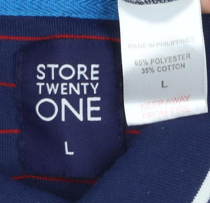 Store Twenty One Men's Blue Striped Polo Shirt L