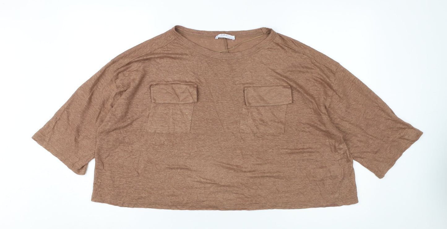 Womens UK Size 12 Zara Brown Basic T-Shirt