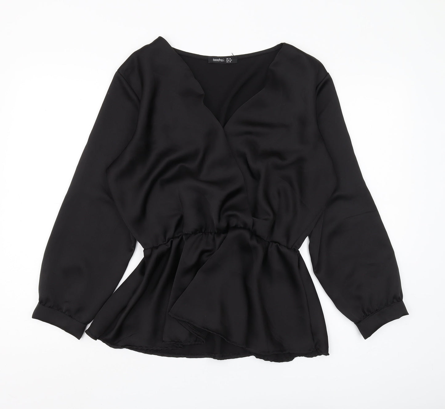Boohoo Women Black Wrap Blouse, UK Size 14, Elegant Style