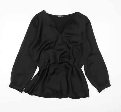 Boohoo Women Black Wrap Blouse, UK Size 14, Elegant Style
