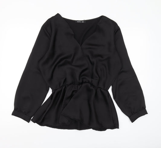 Boohoo Women Black Wrap Blouse, UK Size 14, Elegant Style