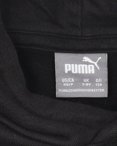 Close-up detail of Puma boys’ black pullover hoodie 7-8 years