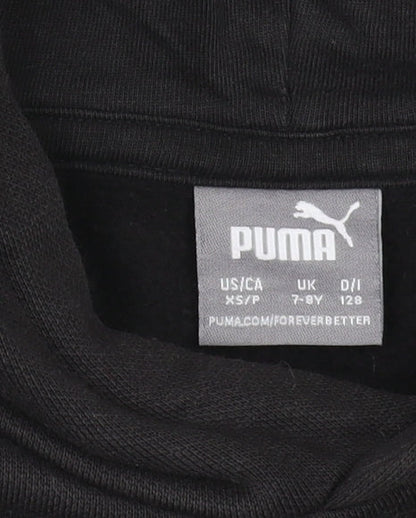 Close-up detail of Puma boys’ black pullover hoodie 7-8 years