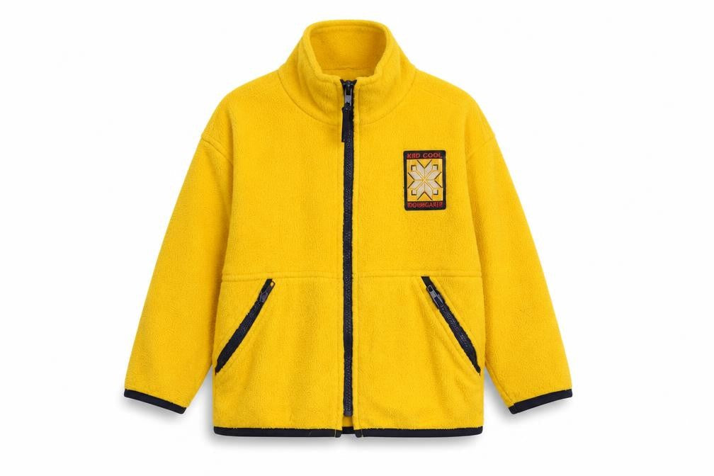 Front view of Kid Cool boys’ yellow fleece jacket xs with full zip