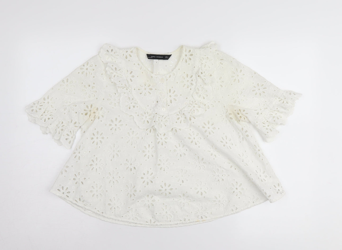 Zara Woman White Floral Lace Blouse, Size S, Short Sleeve