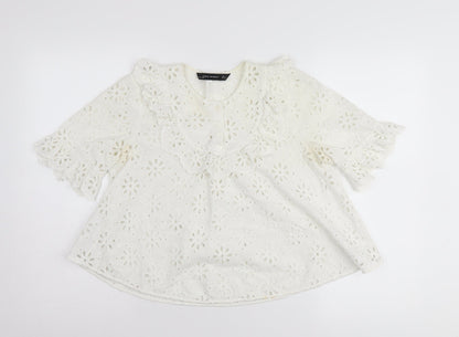 Zara Woman White Floral Lace Blouse, Size S, Short Sleeve