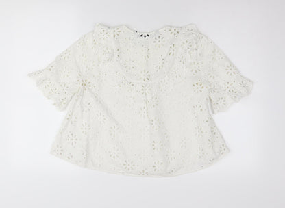 Zara Woman White Floral Lace Blouse, Size S, Short Sleeve