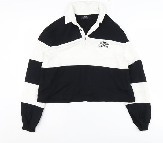 Bershka Women's Striped Cropped Polo, M, Black/White