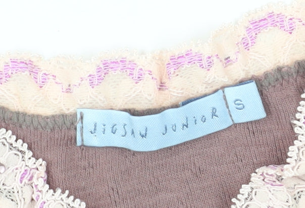 Brand and care label for Jigsaw Junior girls’ brown blouse -, size 4, elegant knit pullover