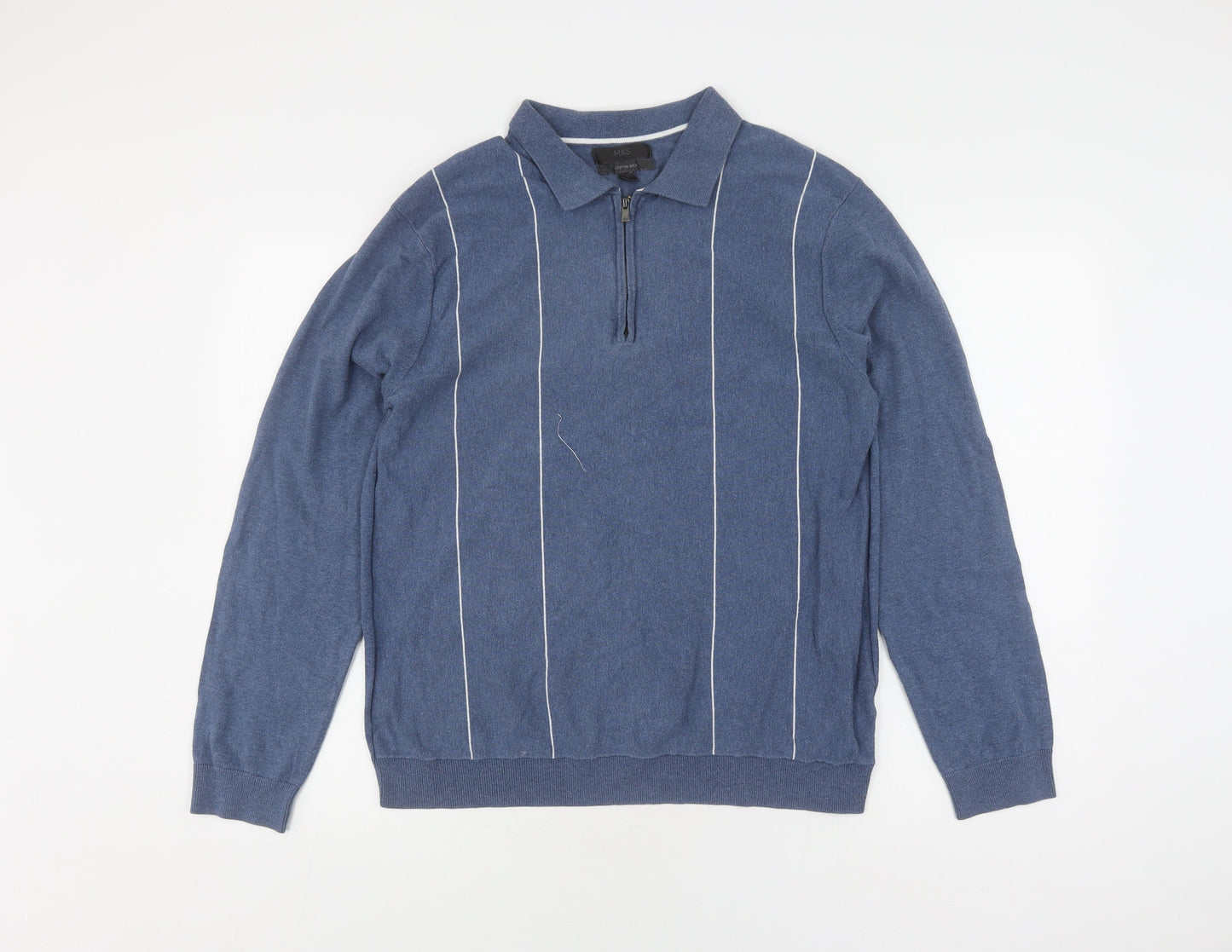 Marks and Spencer Men's Blue Striped Full Zip Jumper L