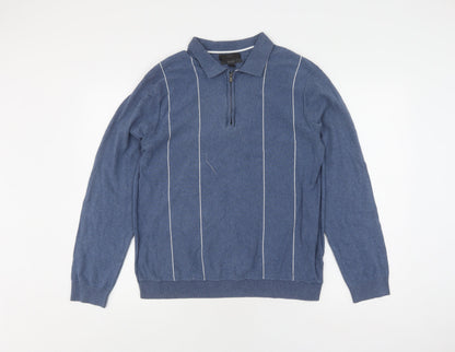 Marks and Spencer Men's Blue Striped Full Zip Jumper L