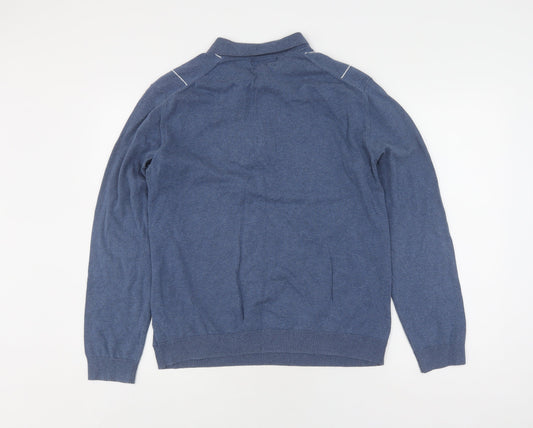 Marks and Spencer Men's Blue Striped Full Zip Jumper L