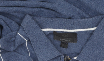 Marks and Spencer Men's Blue Striped Full Zip Jumper L