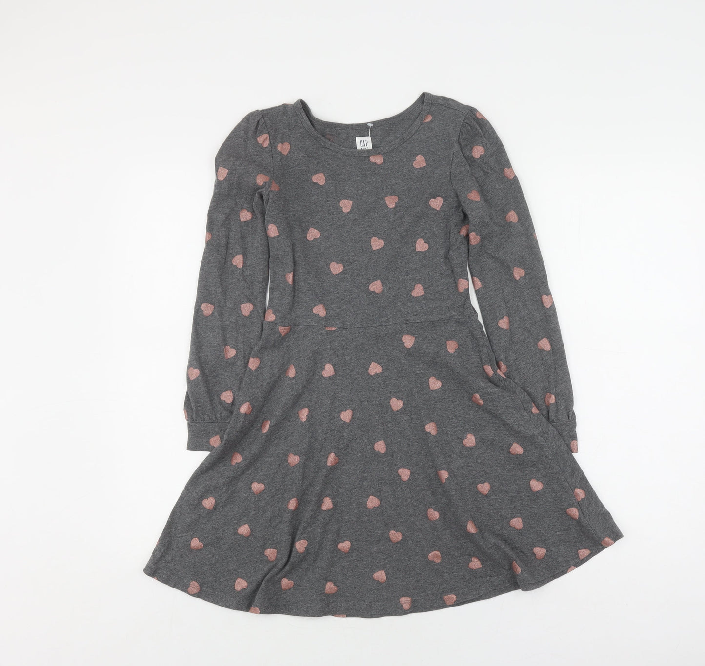 GAP Girls Grey Heart Print Skater Dress L Long Sleeve
