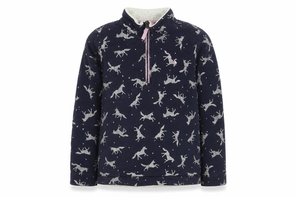 Front view of Joules girls’ blue animal print fleece sweatshirt 11-12 years